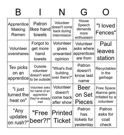 Front of House Bingo Card