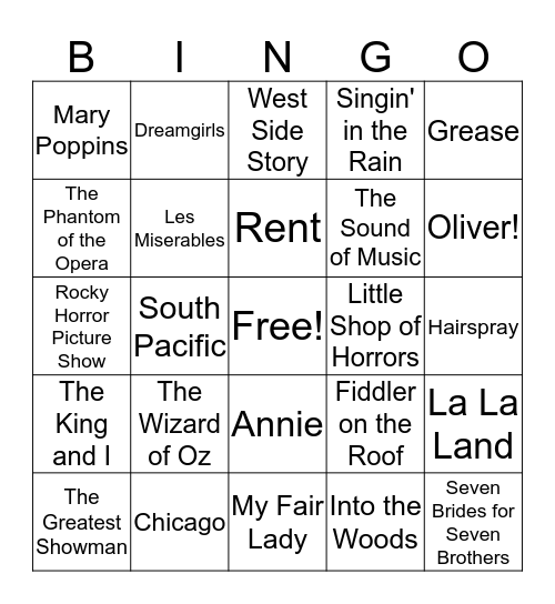 Musical Films Bingo Card