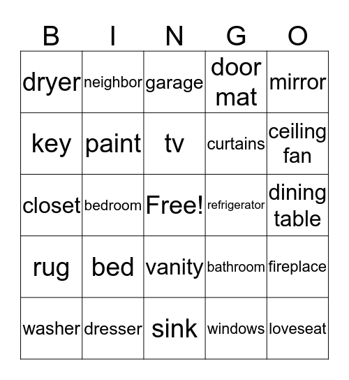 Housewarming Bingo Card