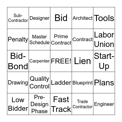 Construction Trades Bingo Card