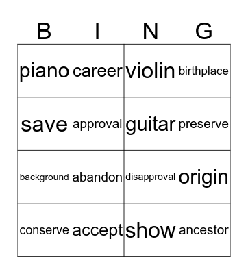 Vocabulary Review Bingo Card