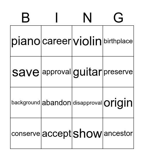 Vocabulary Review Bingo Card