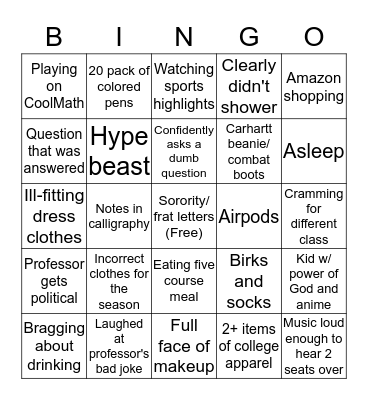 College Lecture Bingo Card