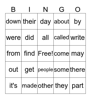 Sight Words 4 Bingo Card