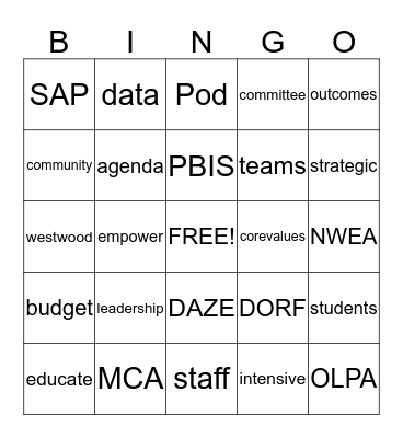 Westwood Word Bingo Card