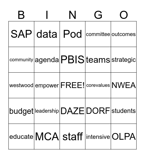 Westwood Word Bingo Card