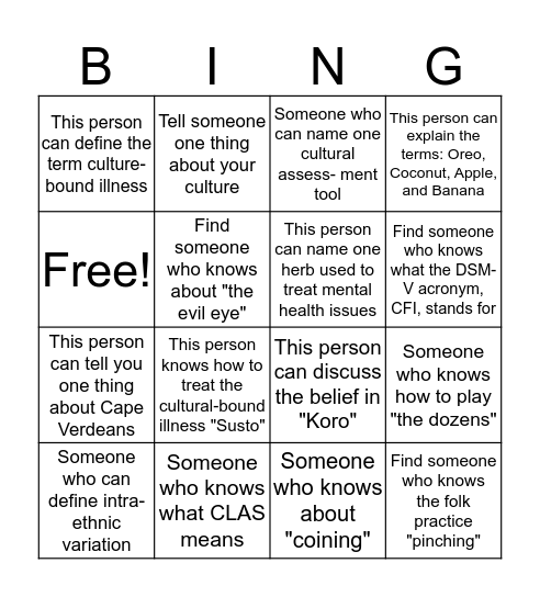 Cultural BINGO Card