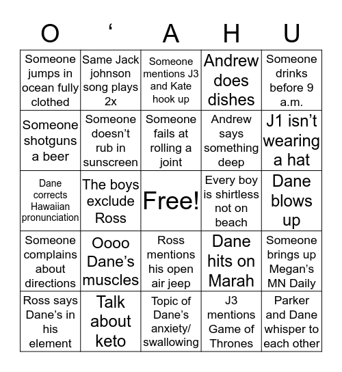 Hawaii Bingo Card