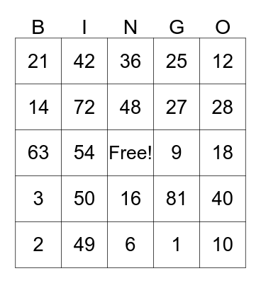 Multiplication and Division Bingo Card