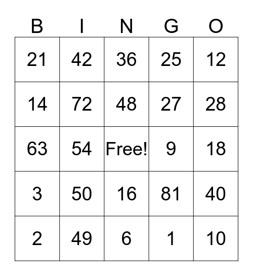 Multiplication and Division Bingo Card