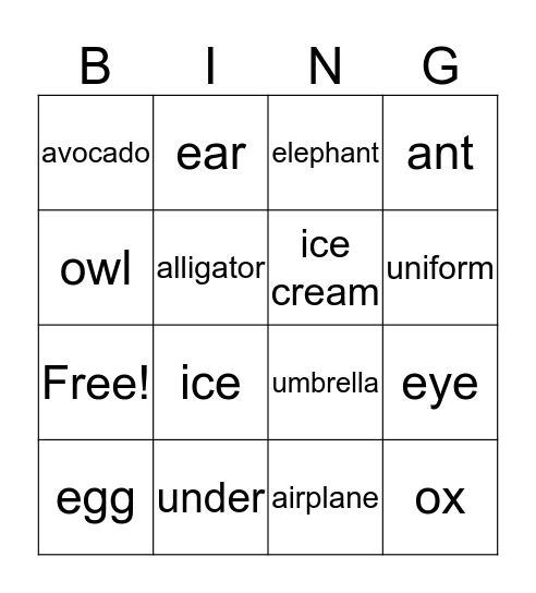 Vowel Bingo Card