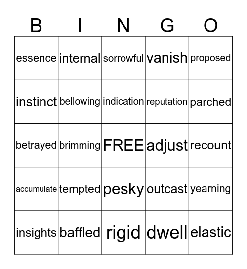 Reading Vocabulary Bingo Card