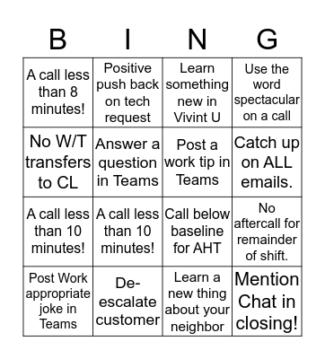 CALL CENTER BINGO Card