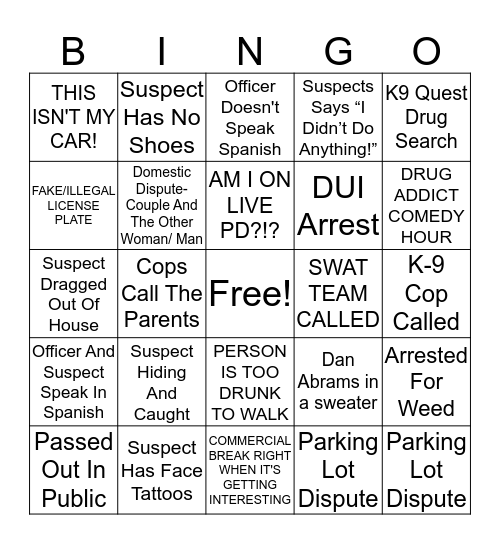 LIVE PD BINGO Card