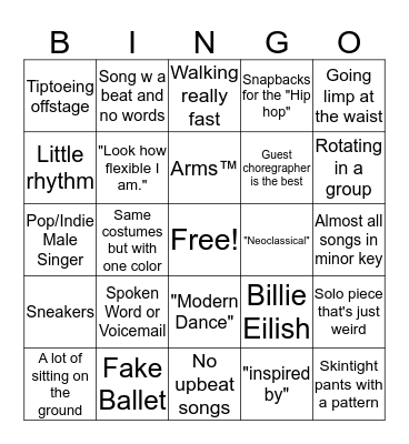 Dance Dimensions Bingo Card