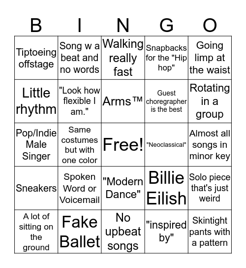 Dance Dimensions Bingo Card