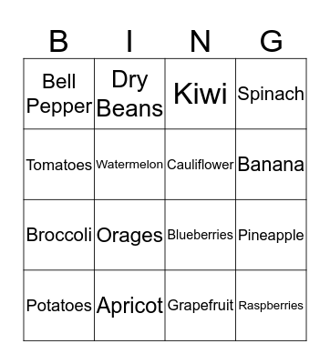 Fruits & Vegetables Bingo Card