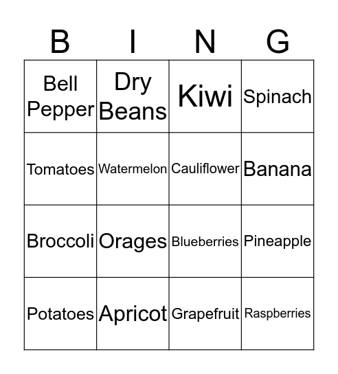 Fruits & Vegetables Bingo Card