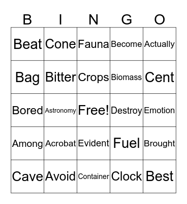 Word Scramble Bingo Card