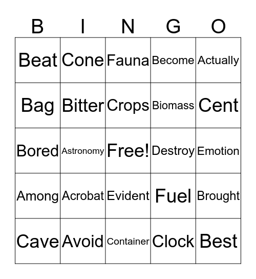 Word Scramble Bingo Card