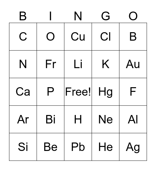 Periodic Table Bingo Card