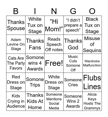 Grammys 2019 Bingo Card