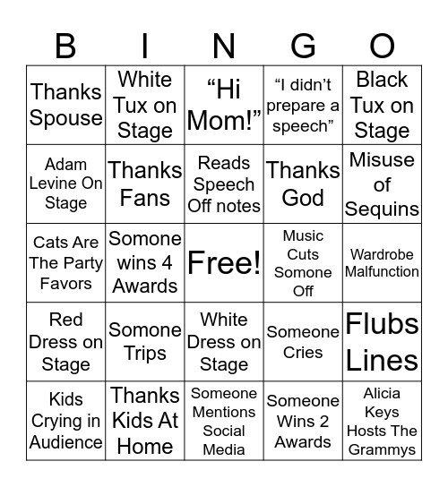 Grammys 2019 Bingo Card