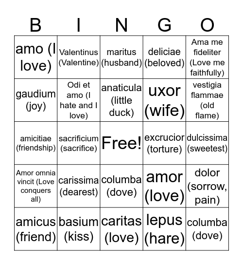 Latin Love BINGO Card