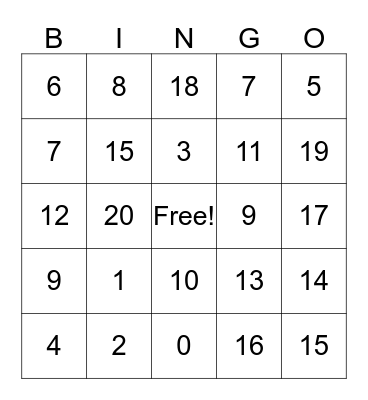 Addition 6's Bingo Card
