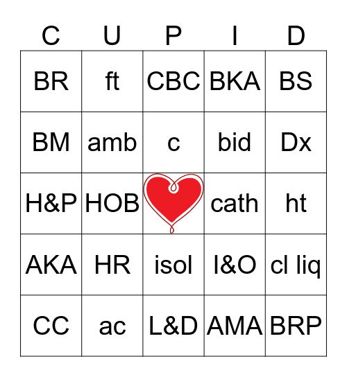 Cupid's Letters Bingo Card