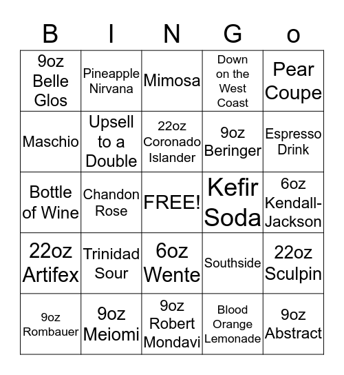 BAR BINGO Card