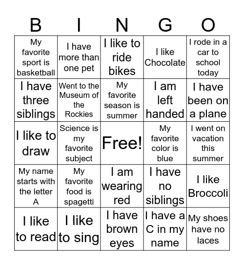 Getting to know you Bingo! Bingo Card