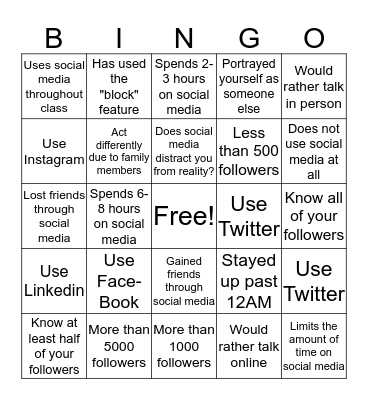 Social Media  Bingo Card