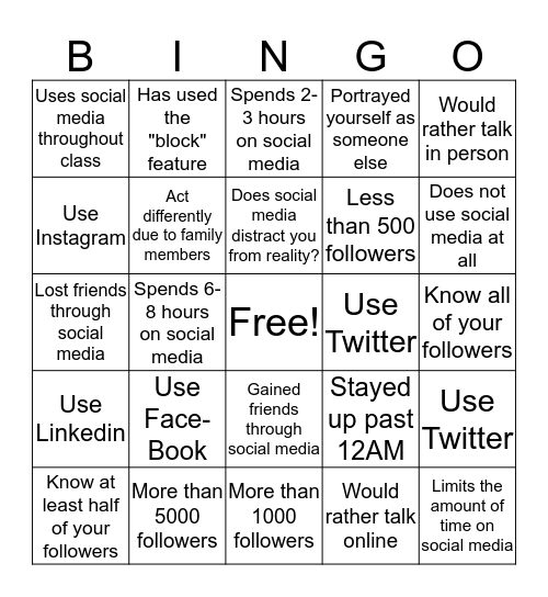 Social Media  Bingo Card