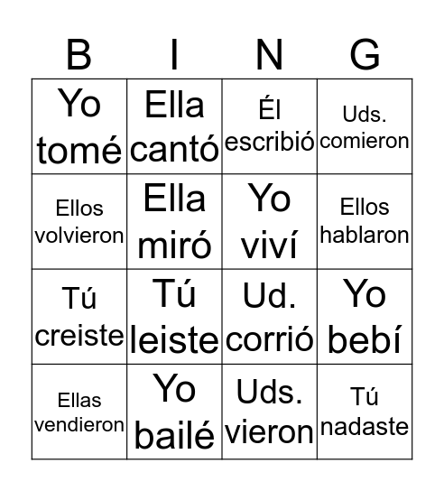 Preterite Tense Bingo Card