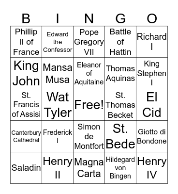 High Middle Ages Bingo Card
