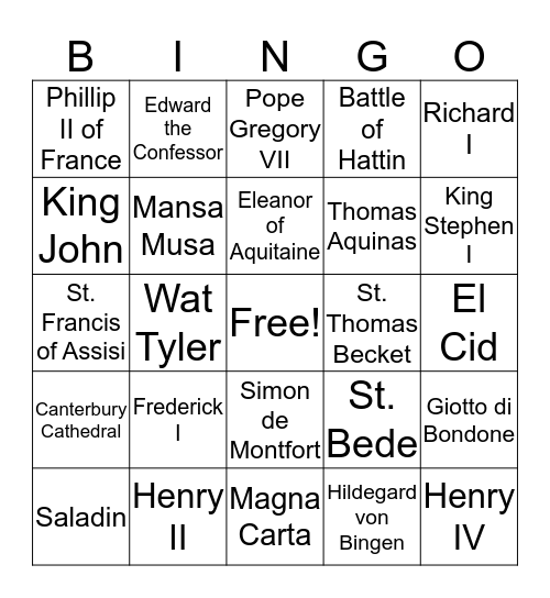 High Middle Ages Bingo Card