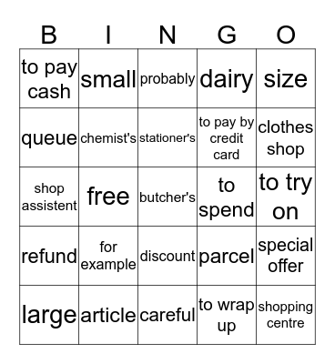 English unit 2 Bingo Card