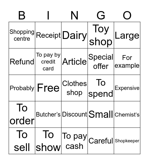 English unit 2 Bingo Card