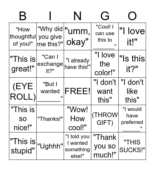 What you CAN and CANNOT say/do when you get a gift! Bingo Card