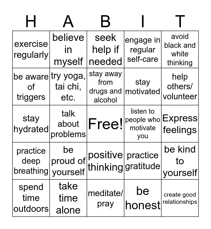 Healthy Habits Bingo Card