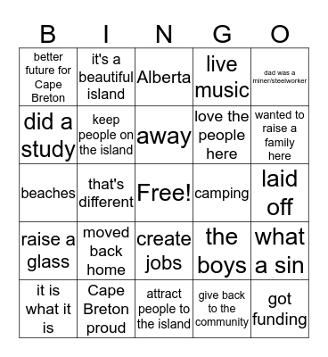 Cape Breton Talking Points Bingo! Bingo Card