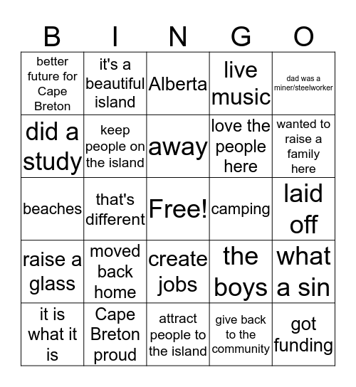 Cape Breton Talking Points Bingo! Bingo Card