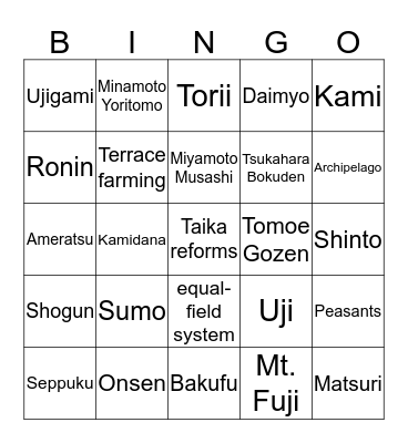 Japan Bingo Card