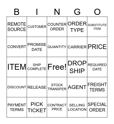 Order Entry LINGO BINGO! Bingo Card