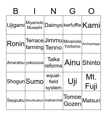 Japan Bingo Card