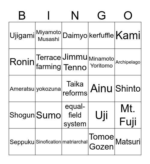 Japan Bingo Card