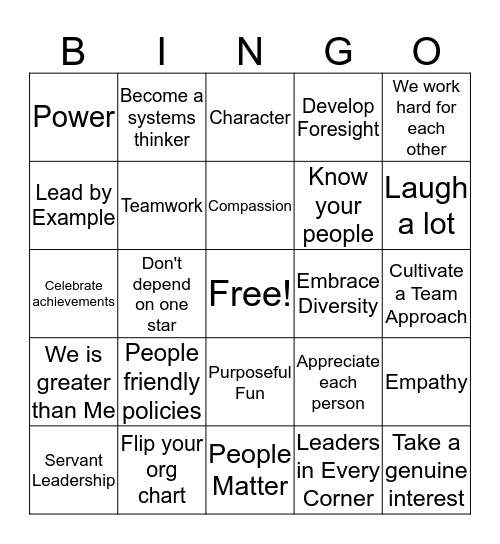 Servant Leadership Bingo Card