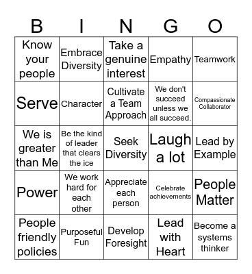 Servant Leadership Bingo backup Bingo Card