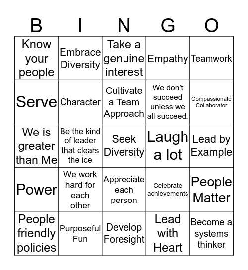 Servant Leadership Bingo backup Bingo Card